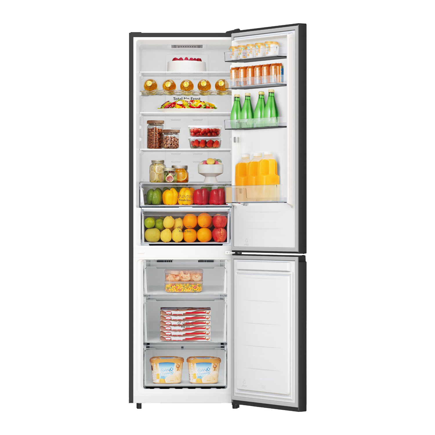 A refrigerator with an open door showing the inside with food items organized on shelves.