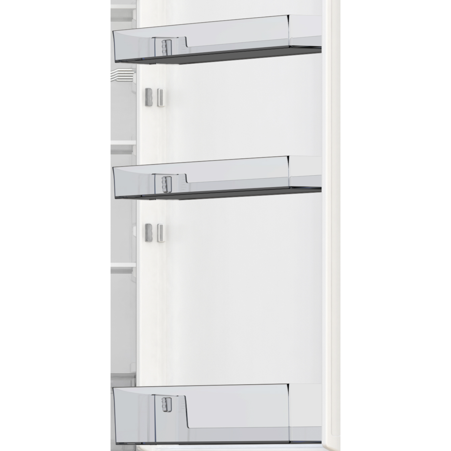 White interior of a refrigerator, showing shelves and a drawer.