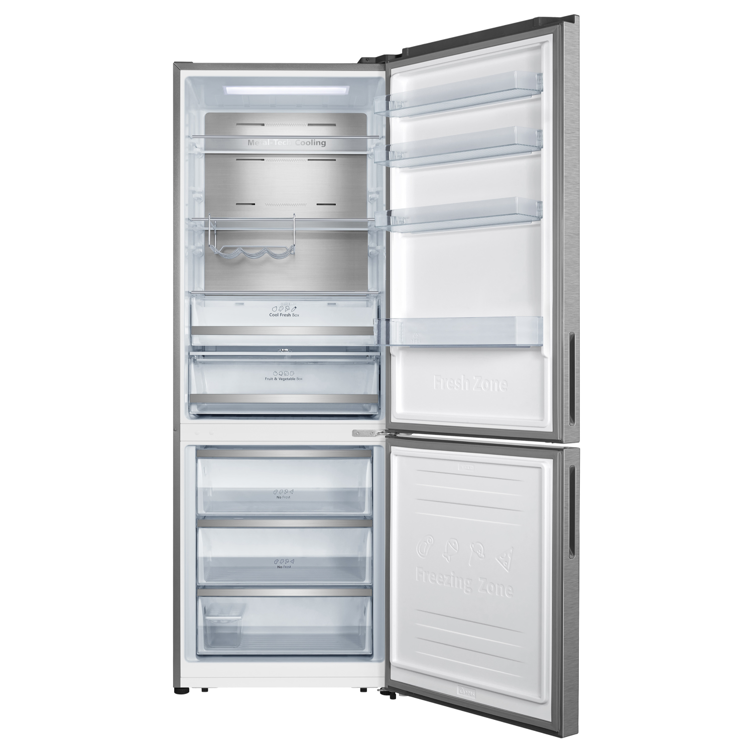 Refrigerator with open doors. The interior shows shelves, drawers, and compartments filled with items.