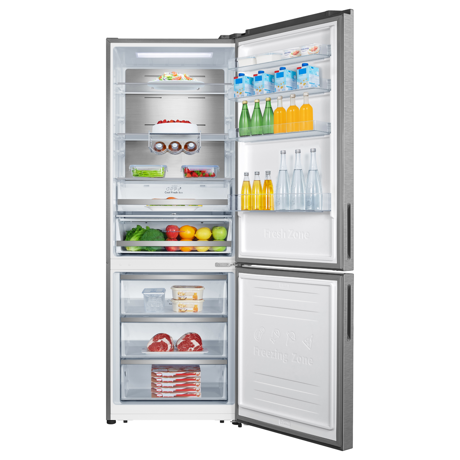 Open refrigerator with food items in the shelves and drawers.