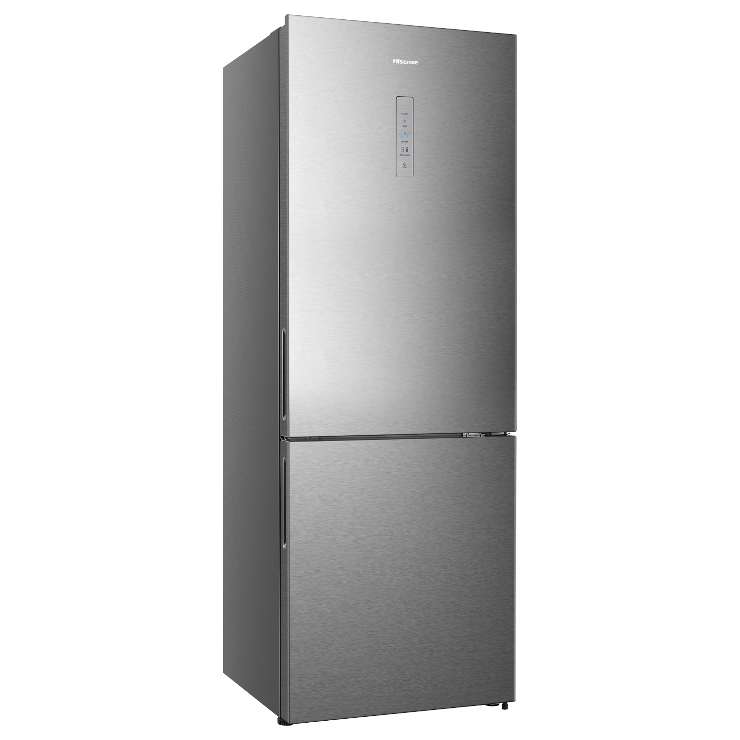 Silver Hisense refrigerator with two doors, a digital display, and a white background.