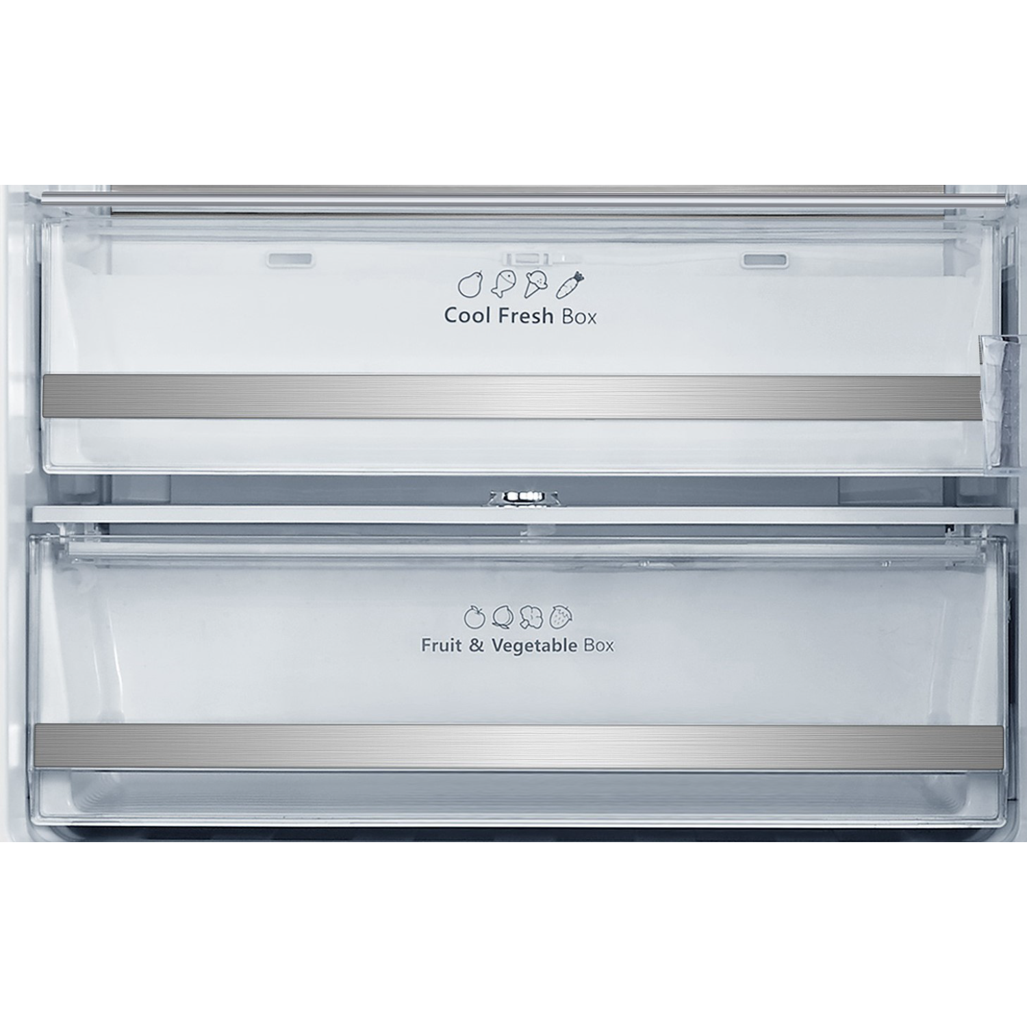 Close-up of refrigerator drawers labeled 'Cool Fresh Box' and 'Fruit & Vegetable Box'.