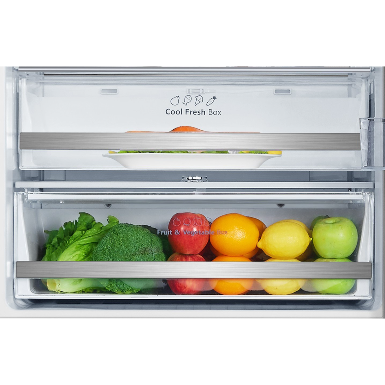 Refrigerator interior with two shelves, holding fruits, vegetables, and containers.