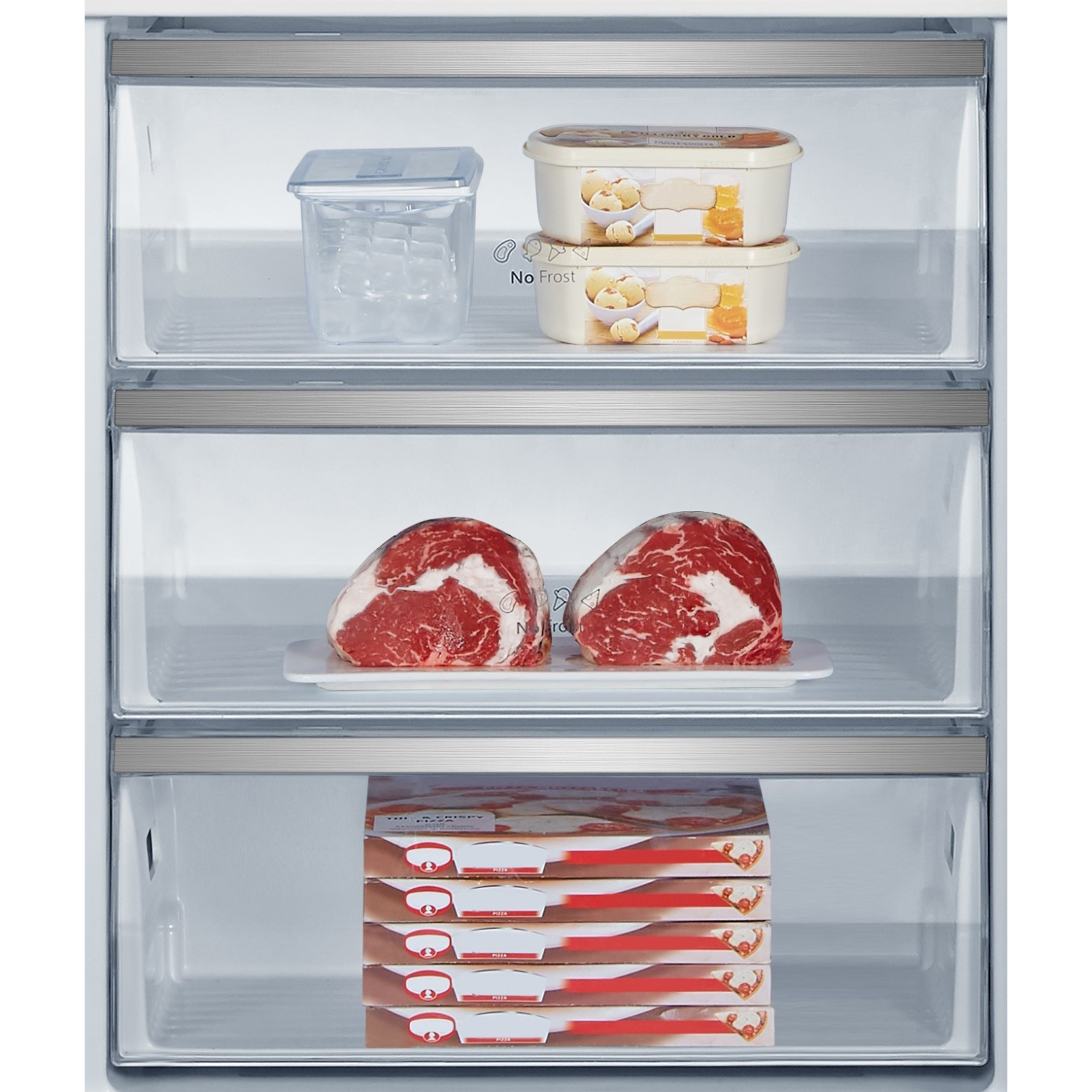Refrigerator interior with ice, butter, raw steaks, and pizza. Multiple shelves visible with food items.