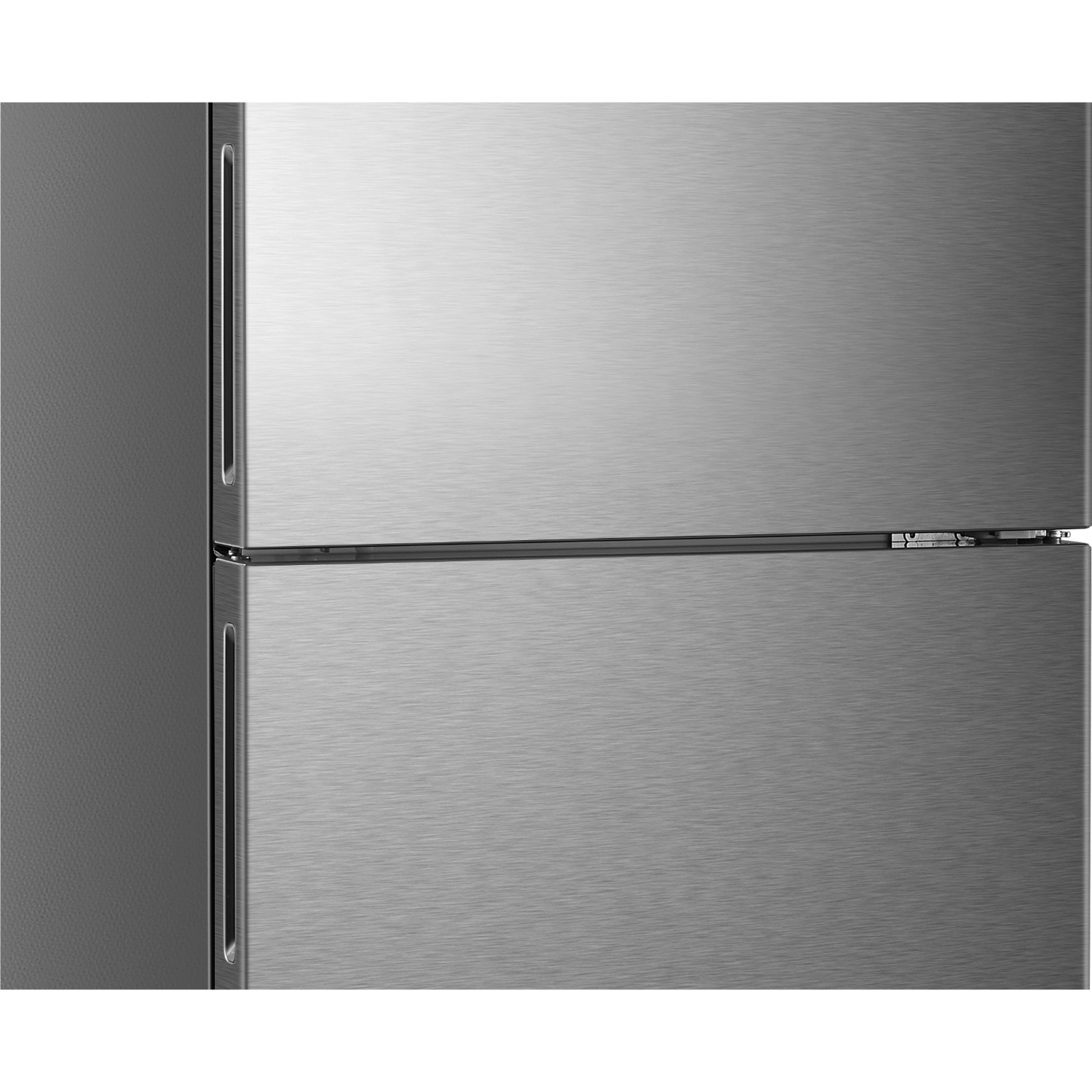 Stainless steel refrigerator, side view, isolated.