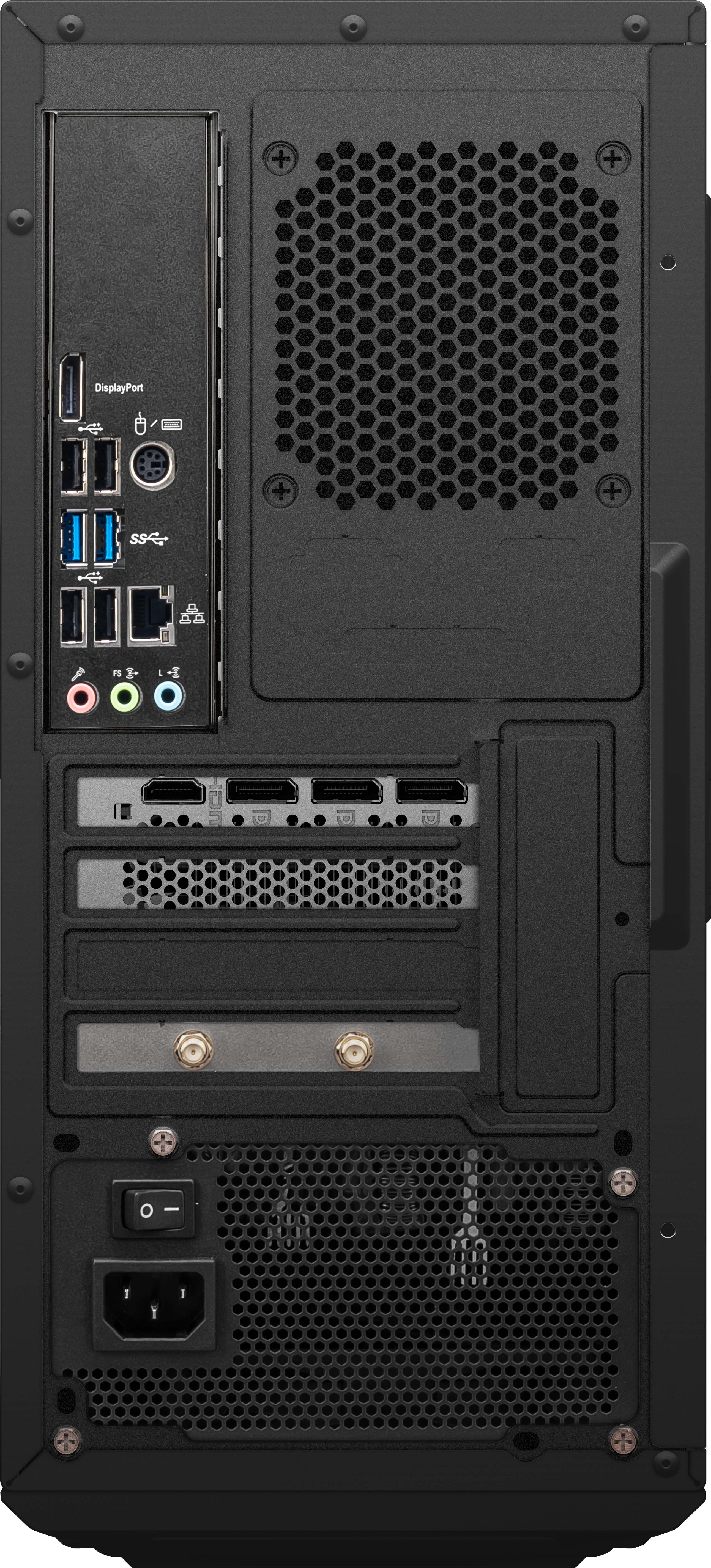 Rückseite eines schwarzen Desktop-Computers mit Anschlüssen, Lüftern und Netzteil.
