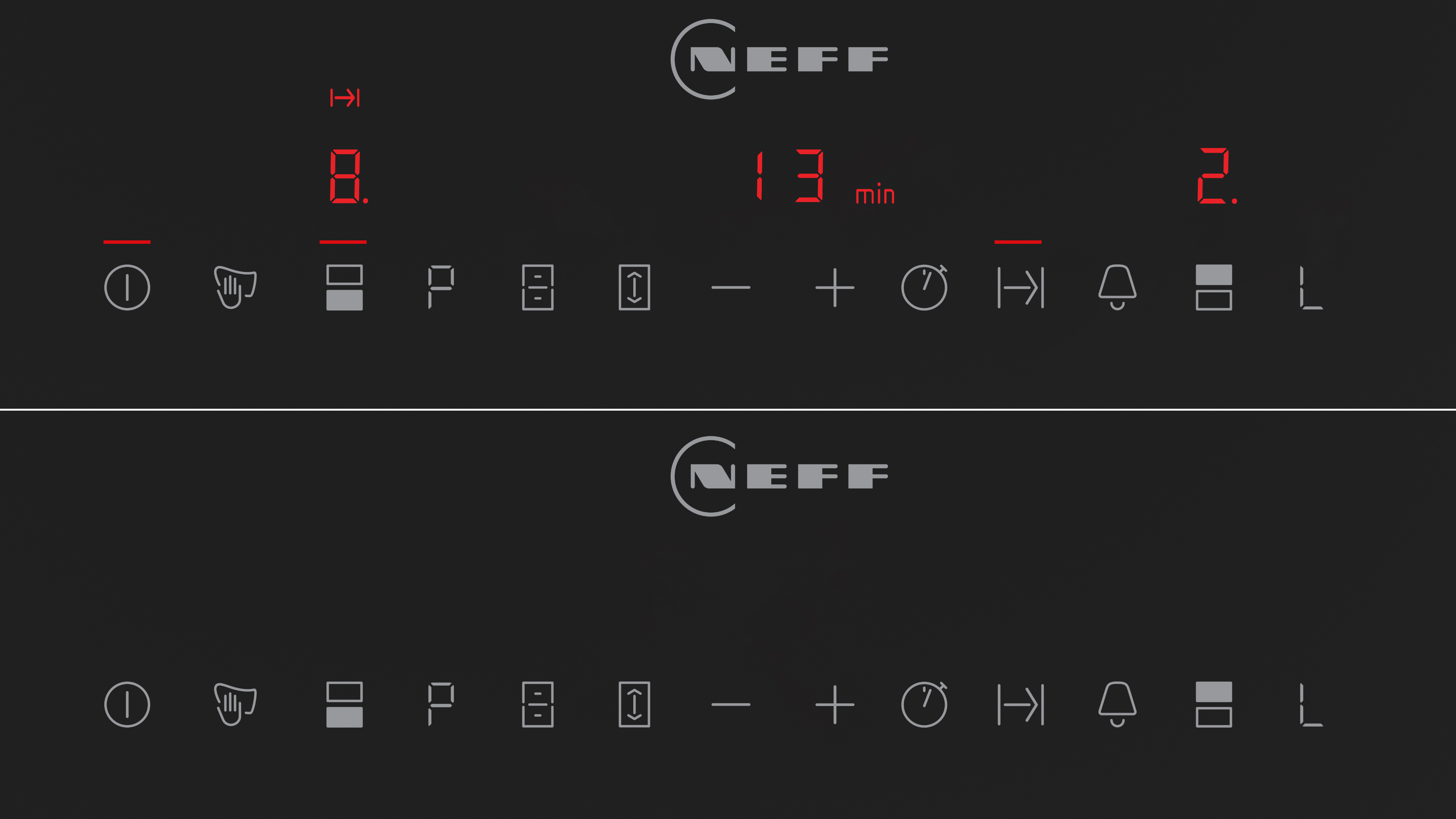 Obere und untere Abschnitte eines NEFF Induktionskochfelds, die Zahlen und Symbole anzeigen.