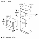 Technische Zeichnung eines Küchengeräts und einer Mikrowelle, mit Maßangaben in Millimetern.