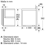 Technische Zeichnung mit Maßangaben für eine Schrankinstallation mit beschrifteten Maßen.