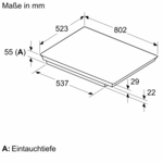 Isometrische Darstellung eines Kochfelds mit Maßen in Millimetern. Die Tiefe beträgt 55 mm.
