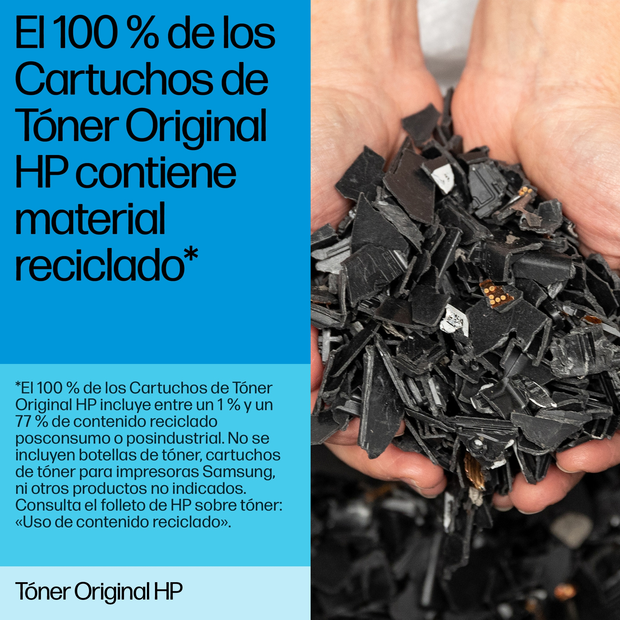 Montón de piezas de cartuchos de tóner negro. Texto sobre material de tóner reciclado.