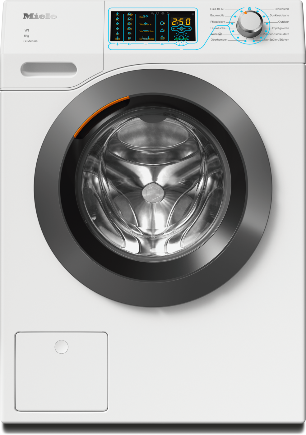 Weiße Waschmaschine mit Bedienfeld.