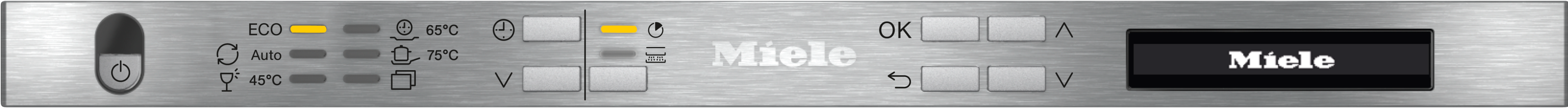 Nahaufnahme eines Waschmaschinen-Bedienfelds mit Knöpfen und Anzeige. Das Miele-Logo ist sichtbar.