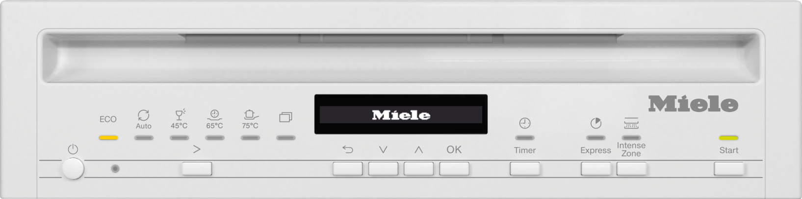 Geschirrspüler-Bedienfeld mit Tasten und einem Display mit der Aufschrift 'Miele', mit verschiedenen Programmsymbolen.