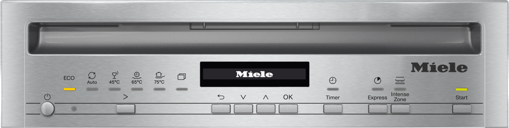Geschirrspüler-Bedienfeld. Es hat Knöpfe, Lichter und ein Display, mit dem Miele-Logo.