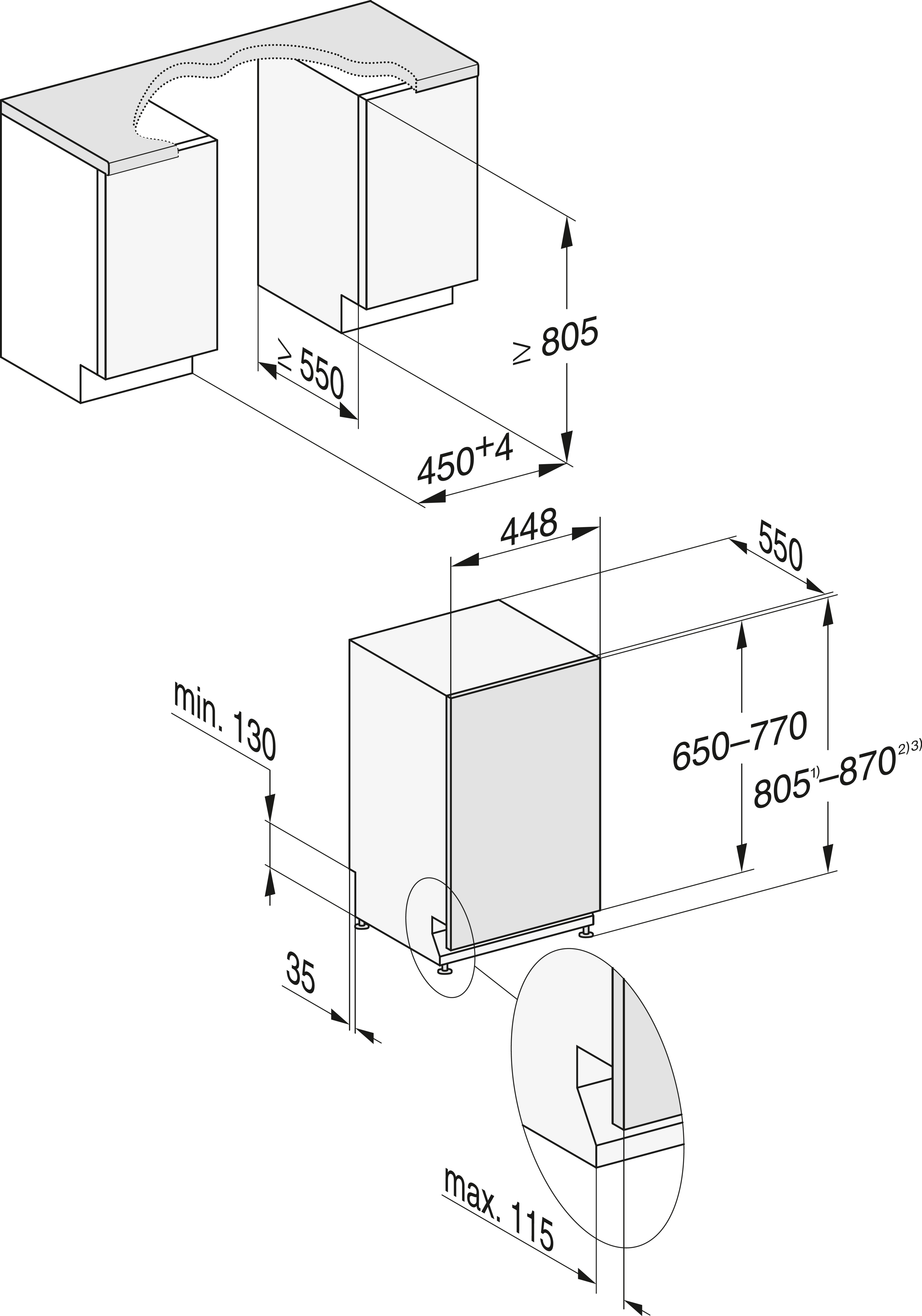 Diagramm eines Geschirrspülers mit Maßen.
