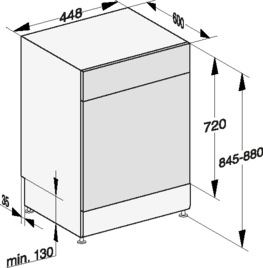 Isometrische Ansicht eines Geschirrspülers mit Messungen und Abmessungen.