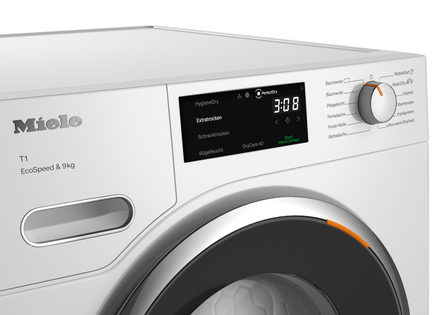 Nahaufnahme des Bedienfelds eines weißen Miele Trockners mit Programmen und Display.