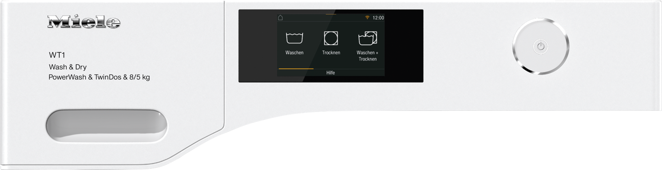 Eine weiße Waschmaschine mit Touchscreen-Oberfläche und einem Drehregler rechts.