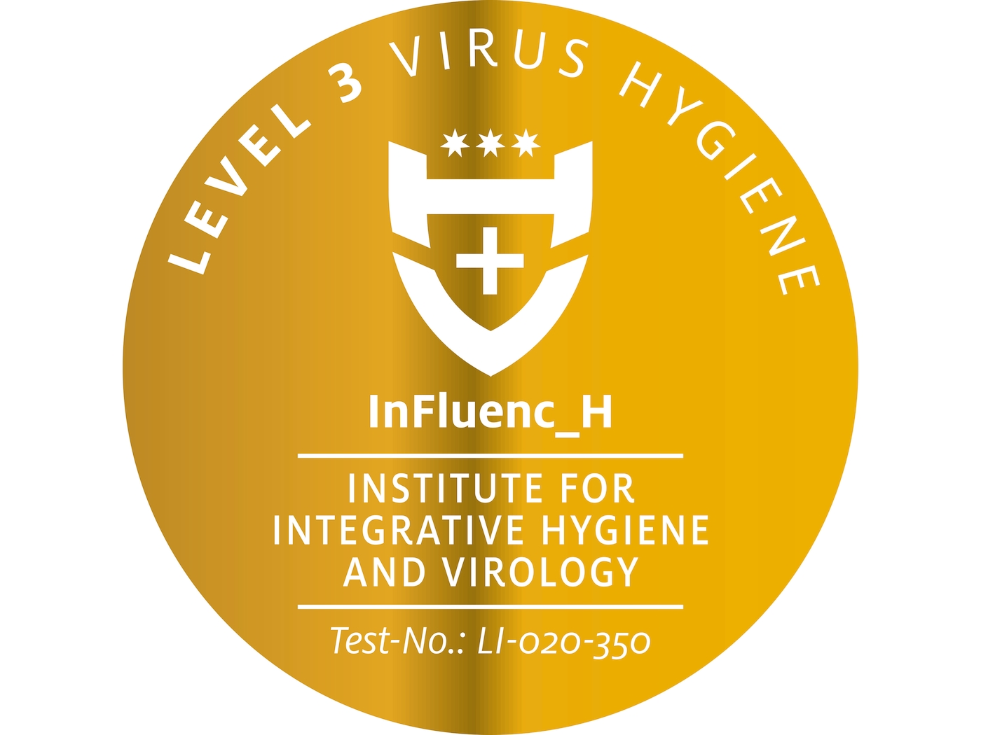 Ein goldenes Siegel mit Text: Level 3 Virus Hygiene, und Logo.