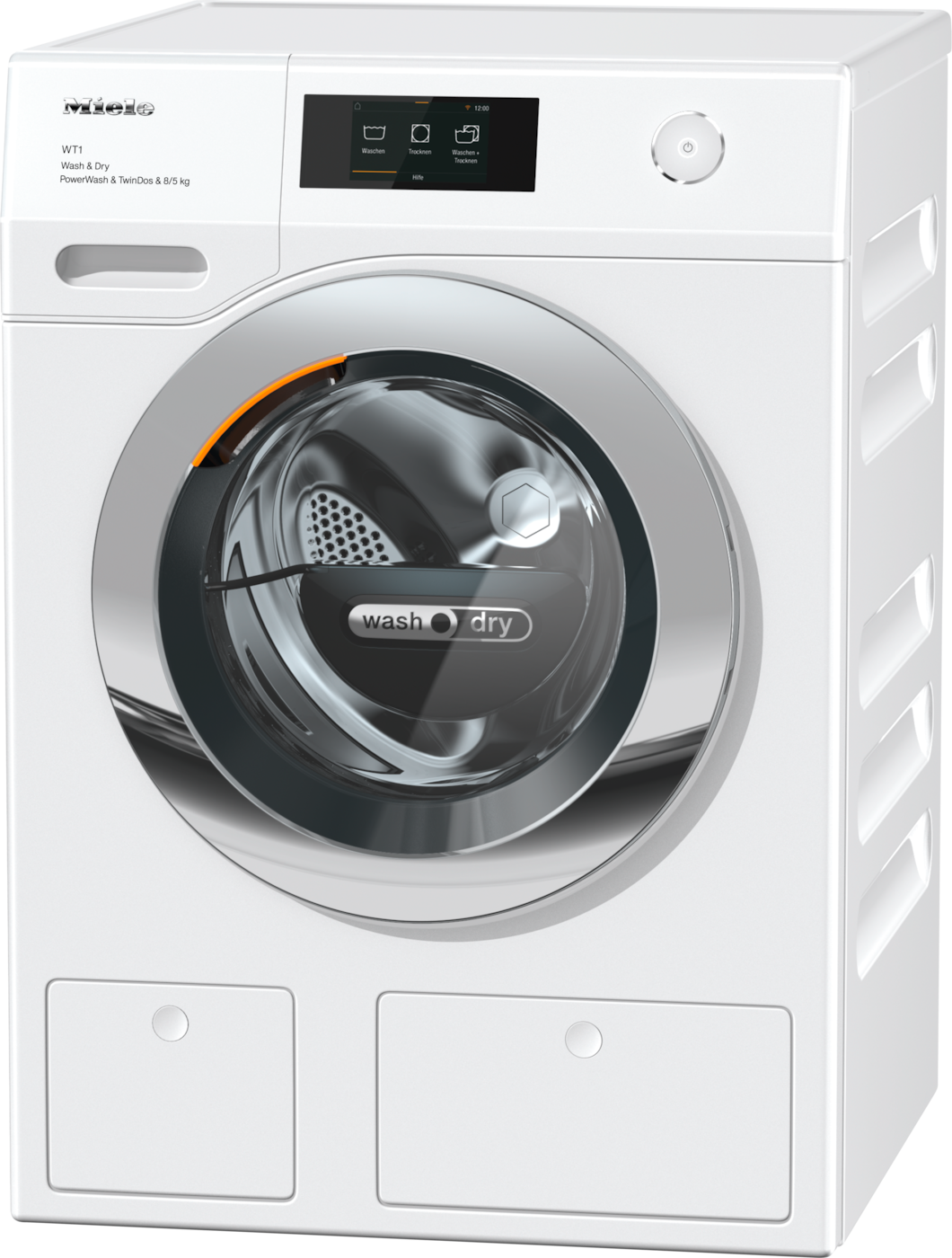 Weiße Waschmaschine mit silberner Tür. Digitalanzeige. Label: Miele.