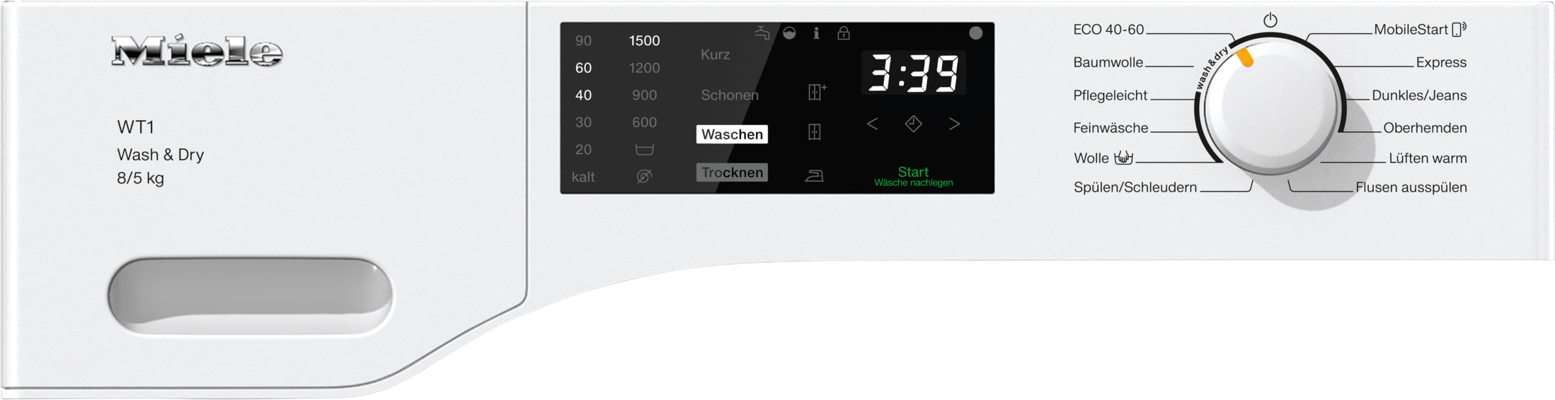 Weißes Miele Waschmaschinen-Bedienfeld. Knöpfe und ein Drehregler sind sichtbar. Die Uhrzeit ist 3:39.
