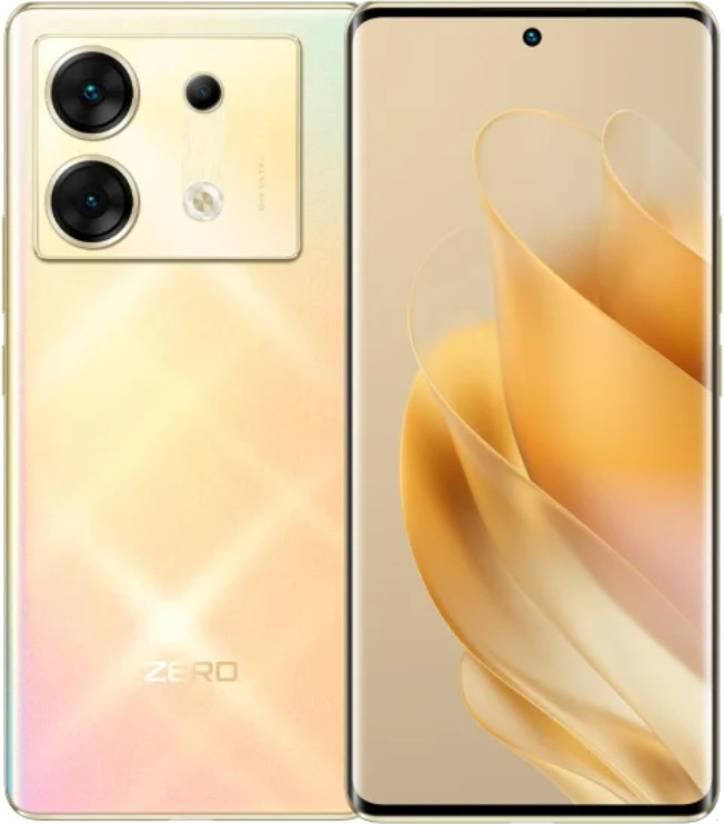 Złoty smartfon z trzema tylnymi aparatami. Ekran wyświetla złoty abstrakcyjny wzór. Na telefonie jest napis ZERO.