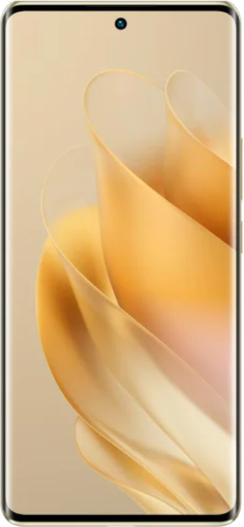 Złoty smartfon z zaokrąglonymi krawędziami. Posiada przedni aparat i wirujący, abstrakcyjny wzór na ekranie.