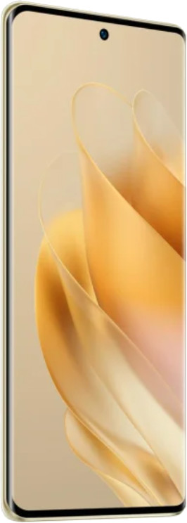 Złoty smartfon pokazany pod kątem. Ekran wyświetla abstrakcyjne, faliste wzory w kolorze złotym i beżowym. Telefon ma czarną kropkę kamery.