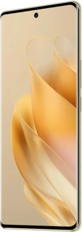 Smartfon z zakrzywionym ekranem. Ekran wyświetla abstrakcyjne wzory złotych fal. Telefon ma przedni aparat.