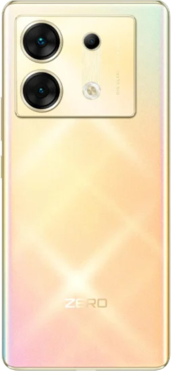 Złoty tył smartfona z trzema obiektywami aparatu i napisem "ZERO".