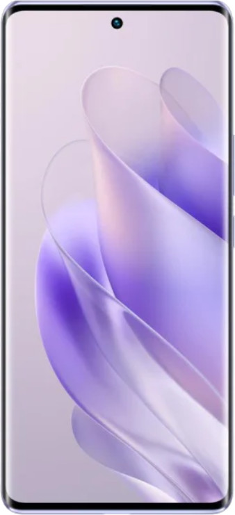Smartfon z zakrzywionym ekranem. Ekran wyświetla abstrakcyjne, płynące kształty w odcieniach fioletu i bieli.