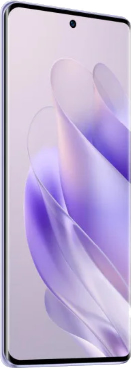 Elegancki, liliowy smartfon wyświetla abstrakcyjne, wirujące kształty na ekranie. Telefon ma przedni aparat i cienką ramkę.