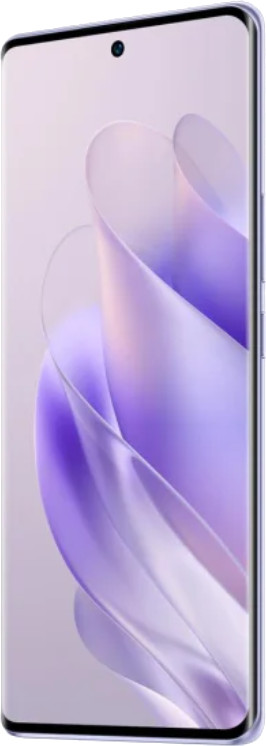 Smartfon z jasnofioletowym tyłem. Ma aparat z przodu i zakrzywiony wyświetlacz. Tło ma abstrakcyjne kształty.