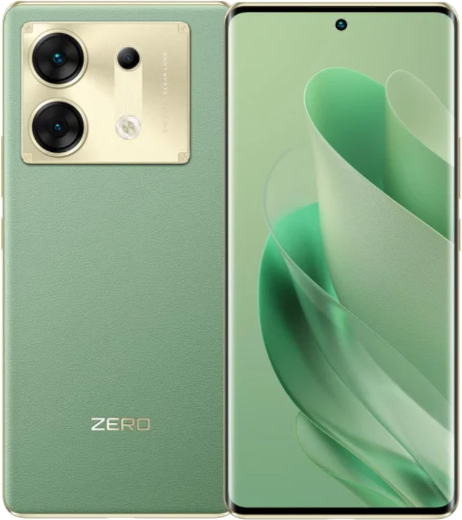 Zielony smartfon z modułem aparatu z tyłu. Ekran wyświetla jasny zielony abstrakcyjny obraz.