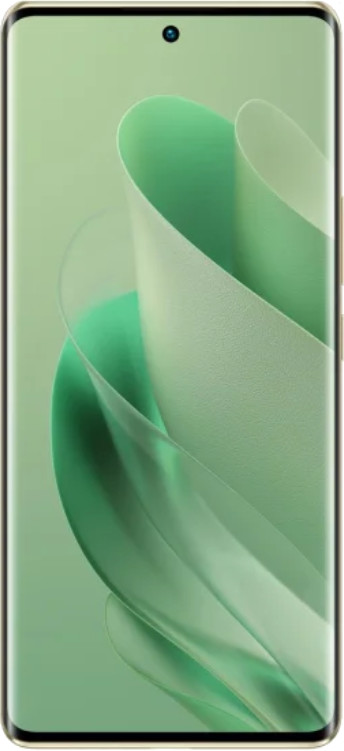 Jasnozielony telefon z zakrzywionym ekranem i pojedynczym przednim aparatem, na jasnym tle.