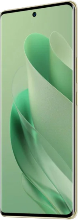 Złoty telefon z zakrzywionym ekranem, pokazujący abstrakcyjne biało-zielone tło.