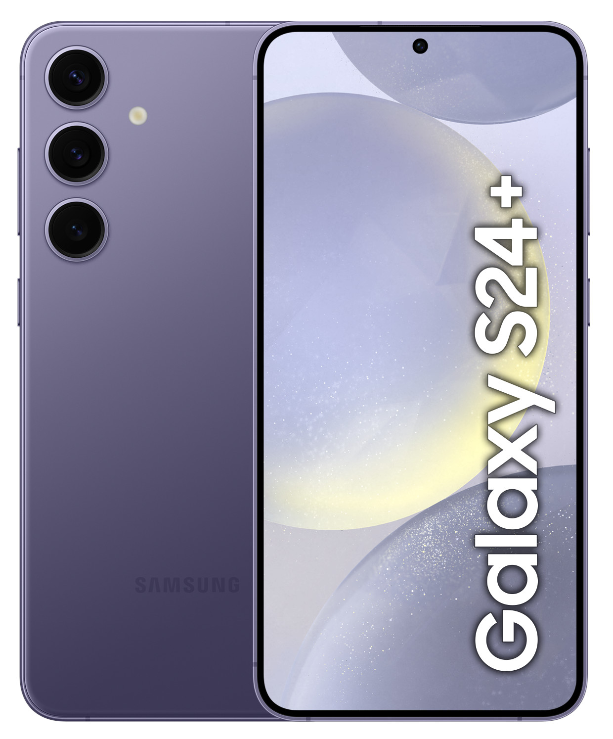 Fioletowy smartfon Samsung Galaxy S24+, pokazujący przedni ekran z nazwą modelu.