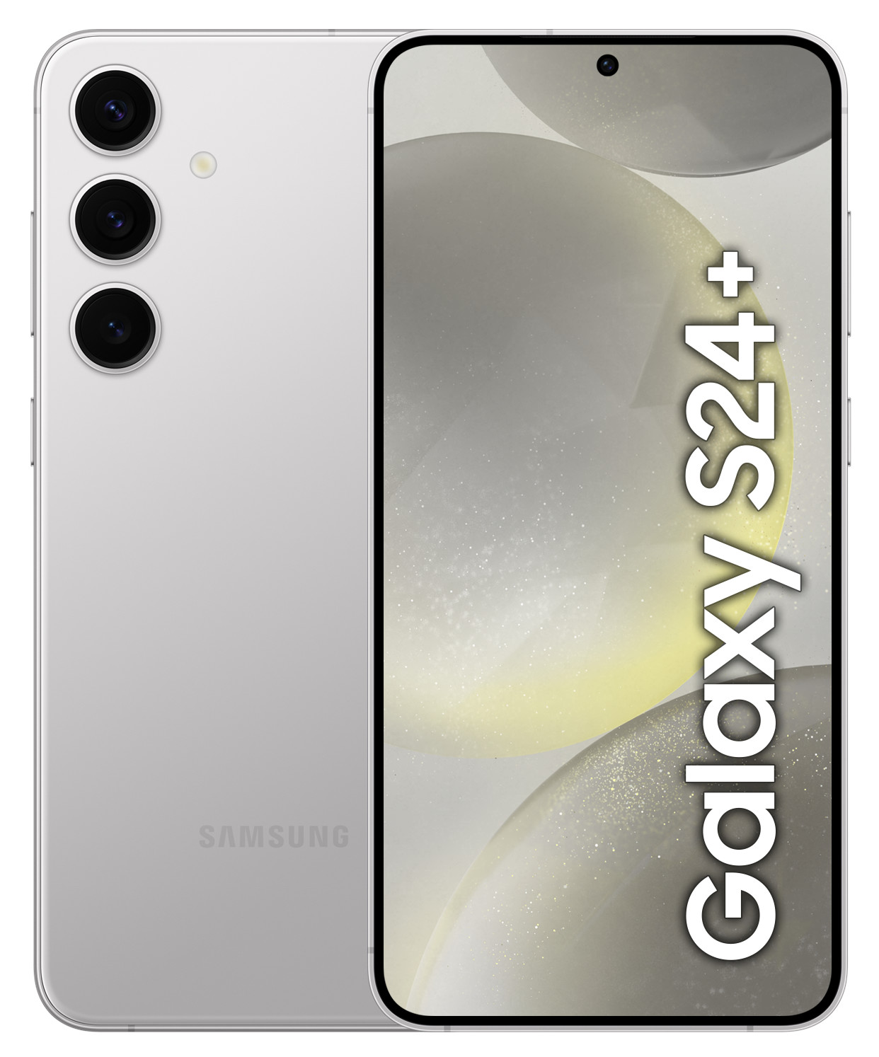 Srebrny telefon Samsung Galaxy S24+. Telefon jest na białym tle ze słowami Galaxy S24+.