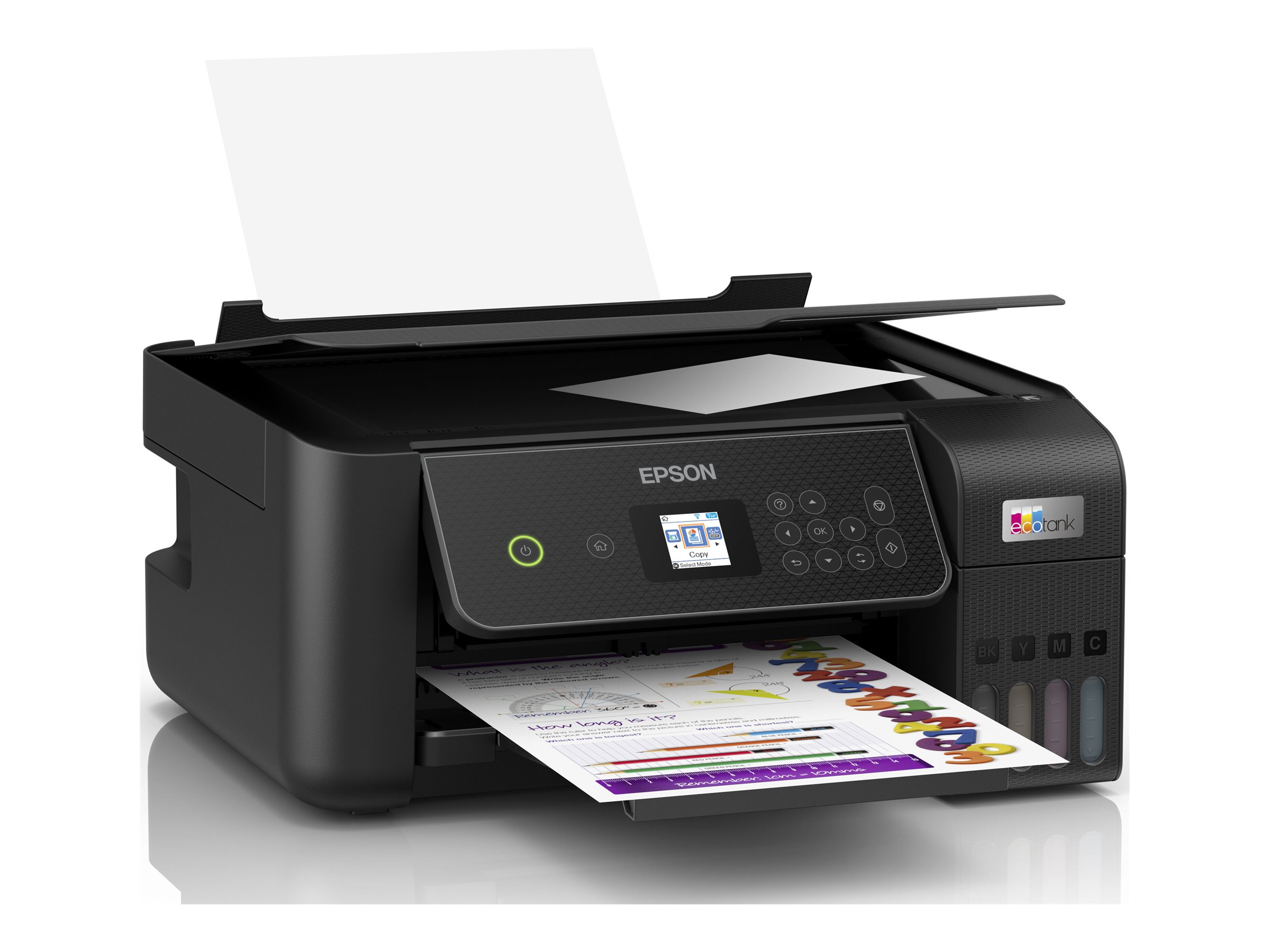 Schwarzer Epson Drucker druckt eine Seite. Offenes Fach mit bedrucktem Papier, weißer Hintergrund.