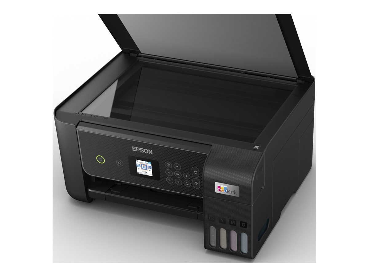Schwarzer Epson EcoTank-Drucker mit offenem Deckel und sichtbaren Tintenbehältern an der Seite.