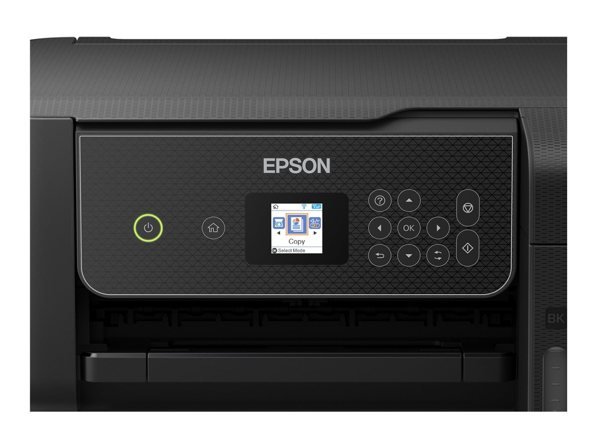 Schwarzer Epson-Drucker mit Bedienfeld und grünem Ein-Aus-Schalter.