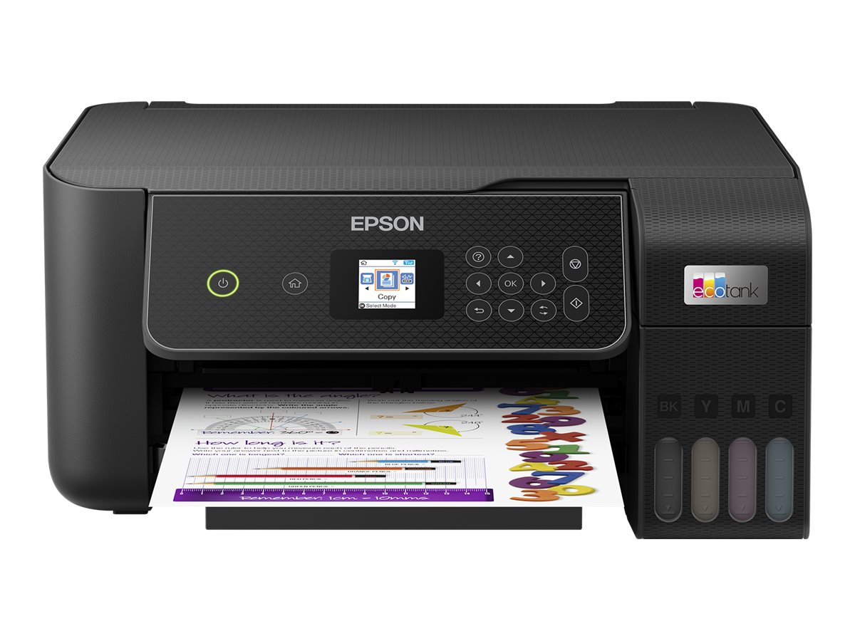 Ein schwarz-weißer Epson EcoTank-Drucker, der ein Papier bedruckt.
