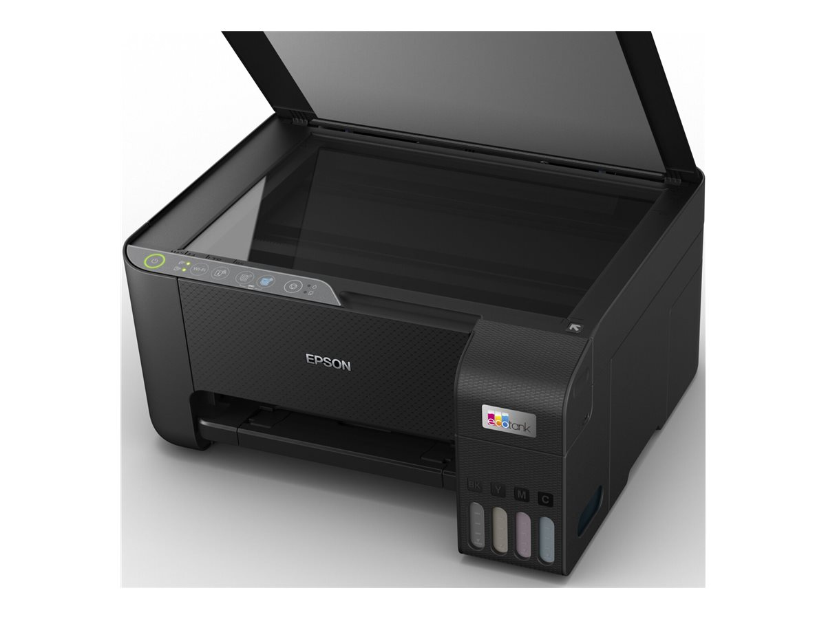Ein schwarzer Epson-Drucker mit geöffnetem Scannerdeckel, der das Innere zeigt.