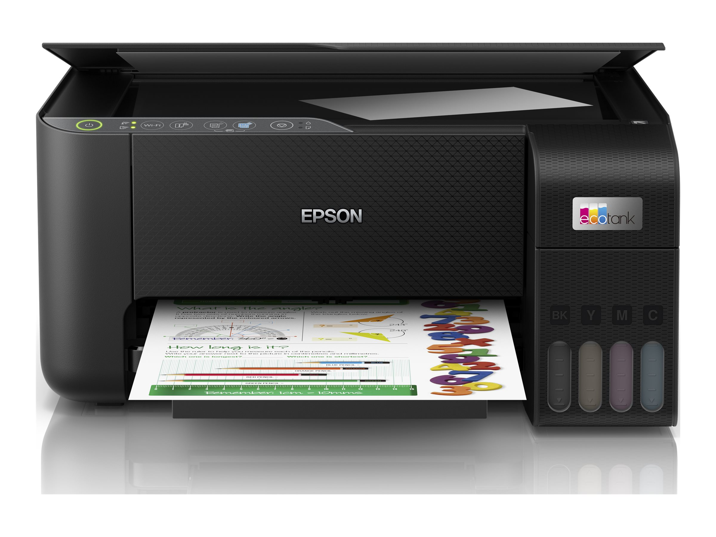 Schwarzer Epson-Drucker, Papier im Fach, Bedienelemente oben, Tintenbehälter rechts.