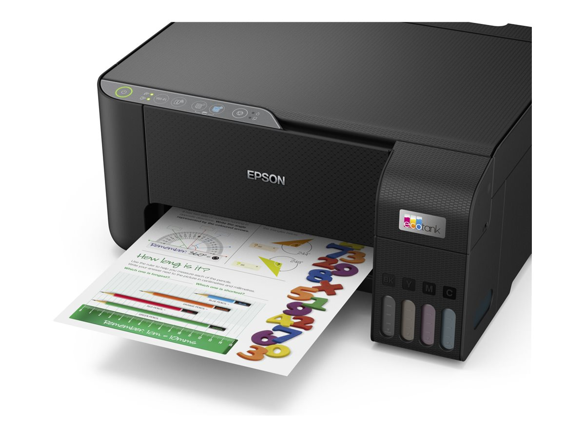 Schwarzer Epson-Drucker, der eine farbige Seite mit Text und Diagrammen druckt.