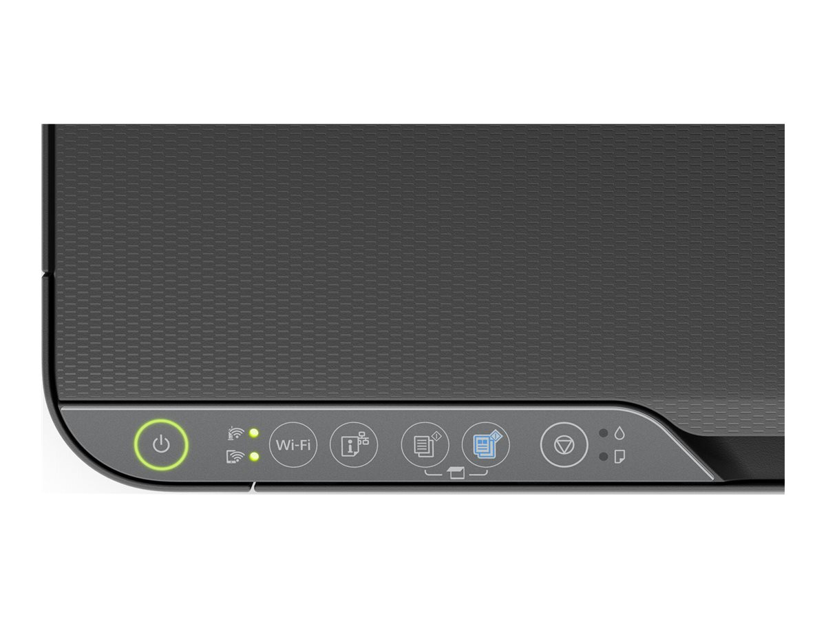 Schwarzes Epson Drucker Bedienfeld mit Strom, WLAN und anderen Status-Symbolen beleuchtet.