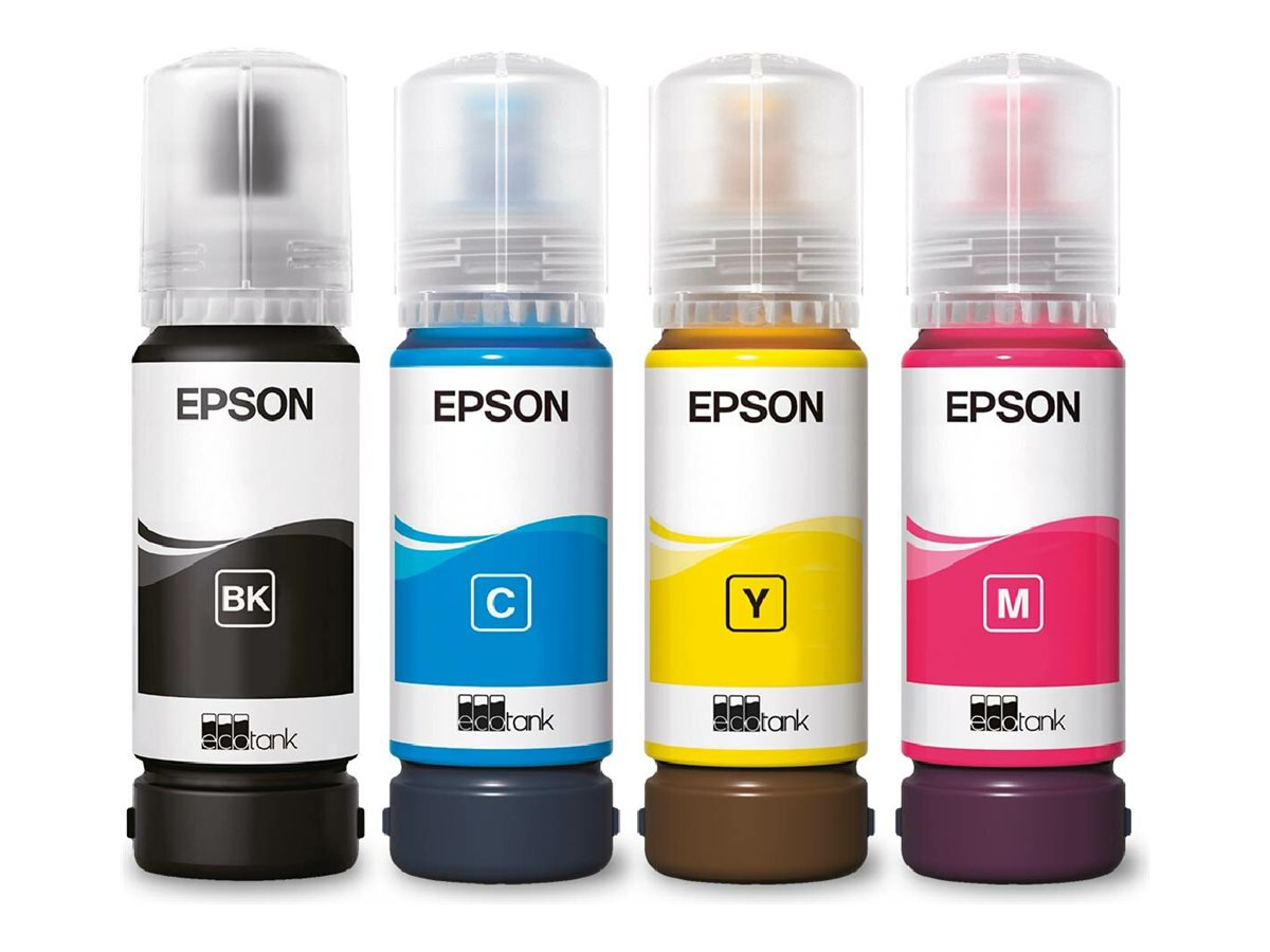 Vier Epson-Tintenflaschen mit den Bezeichnungen BK, C, Y und M, in Schwarz, Cyan, Gelb und Magenta.