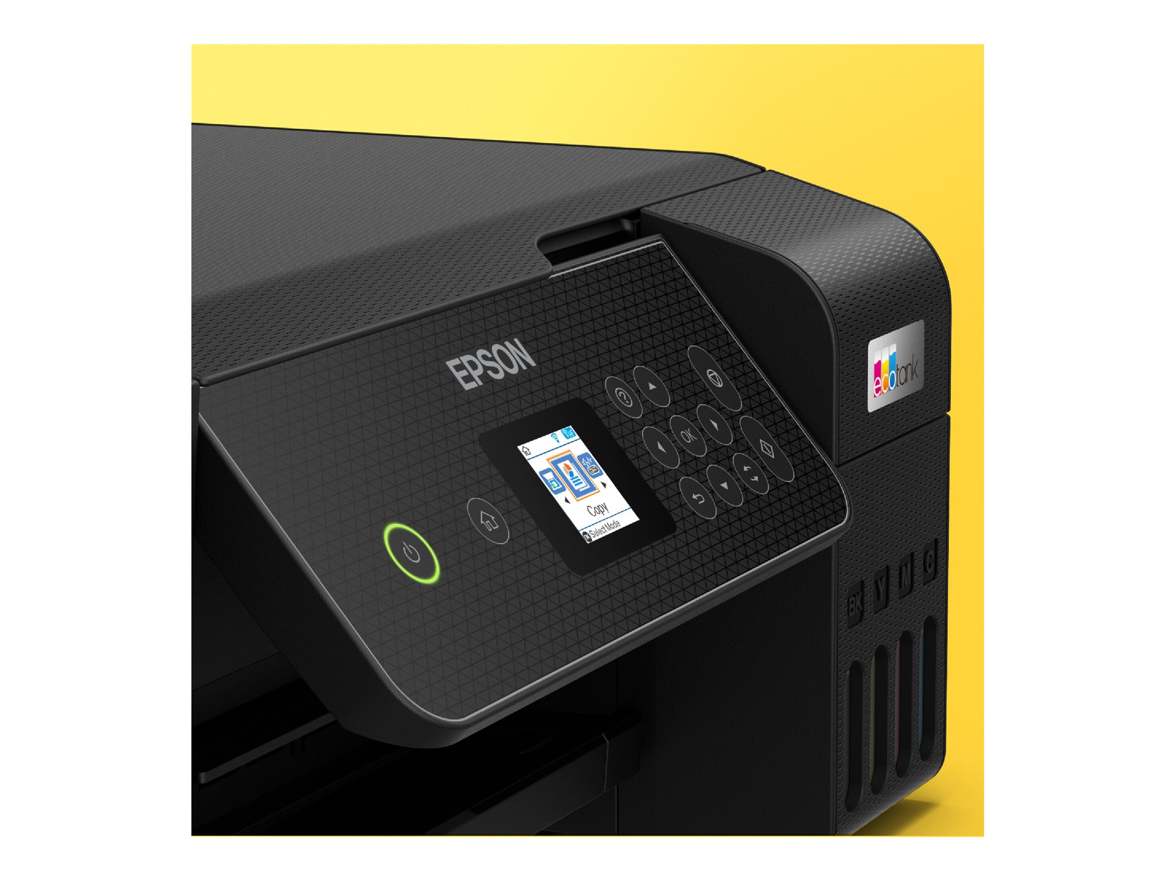 Nahaufnahme des Bedienfelds eines Epson Druckers. Knöpfe und Bildschirm auf gelbem Hintergrund.
