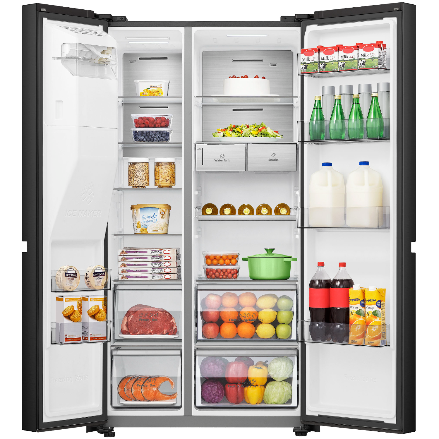 Refrigerator with open doors, showing organized food and drinks inside.